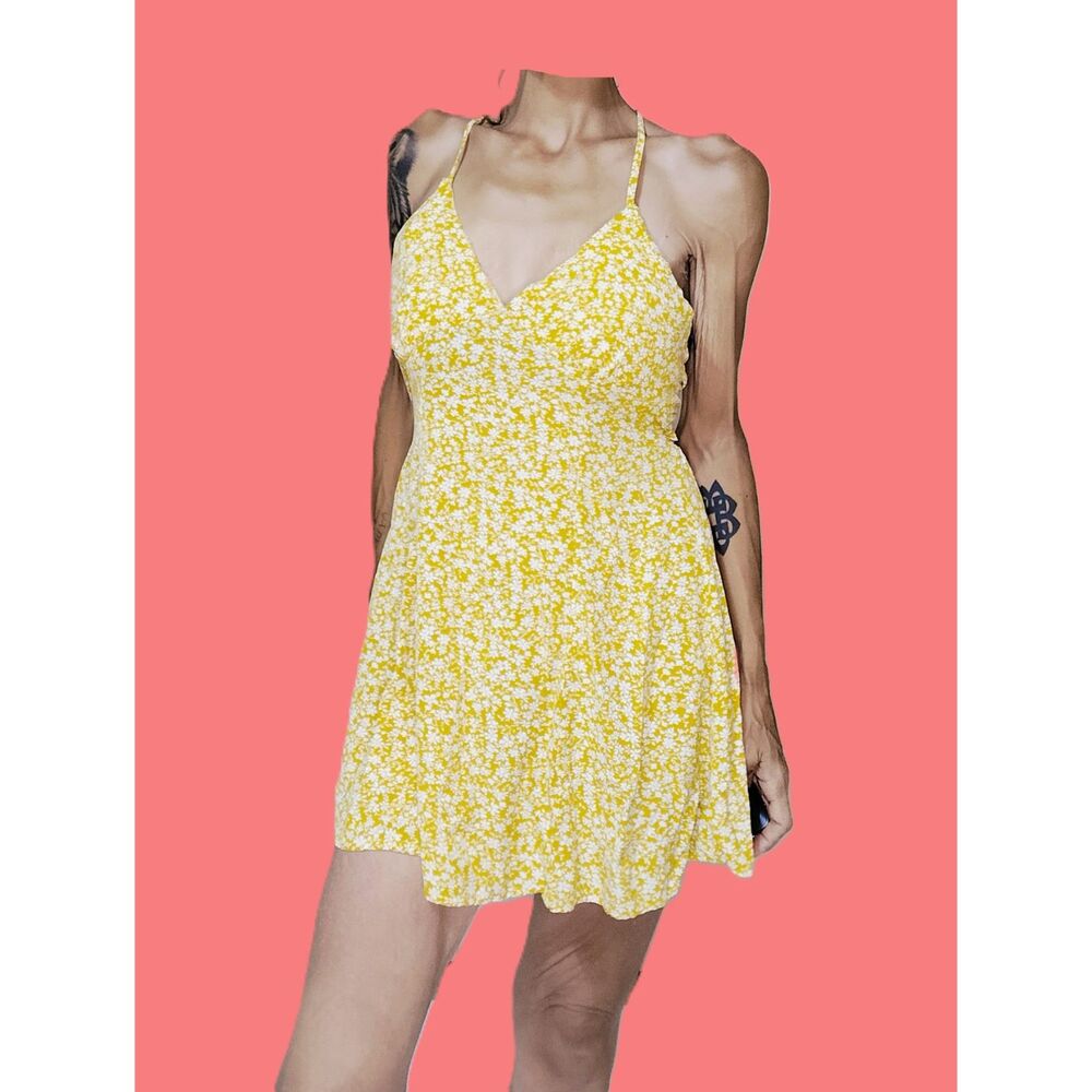 Zaful Sunflower Yellow Floral Open Back Strappy Tie Mini Dress Size Medium | NWT